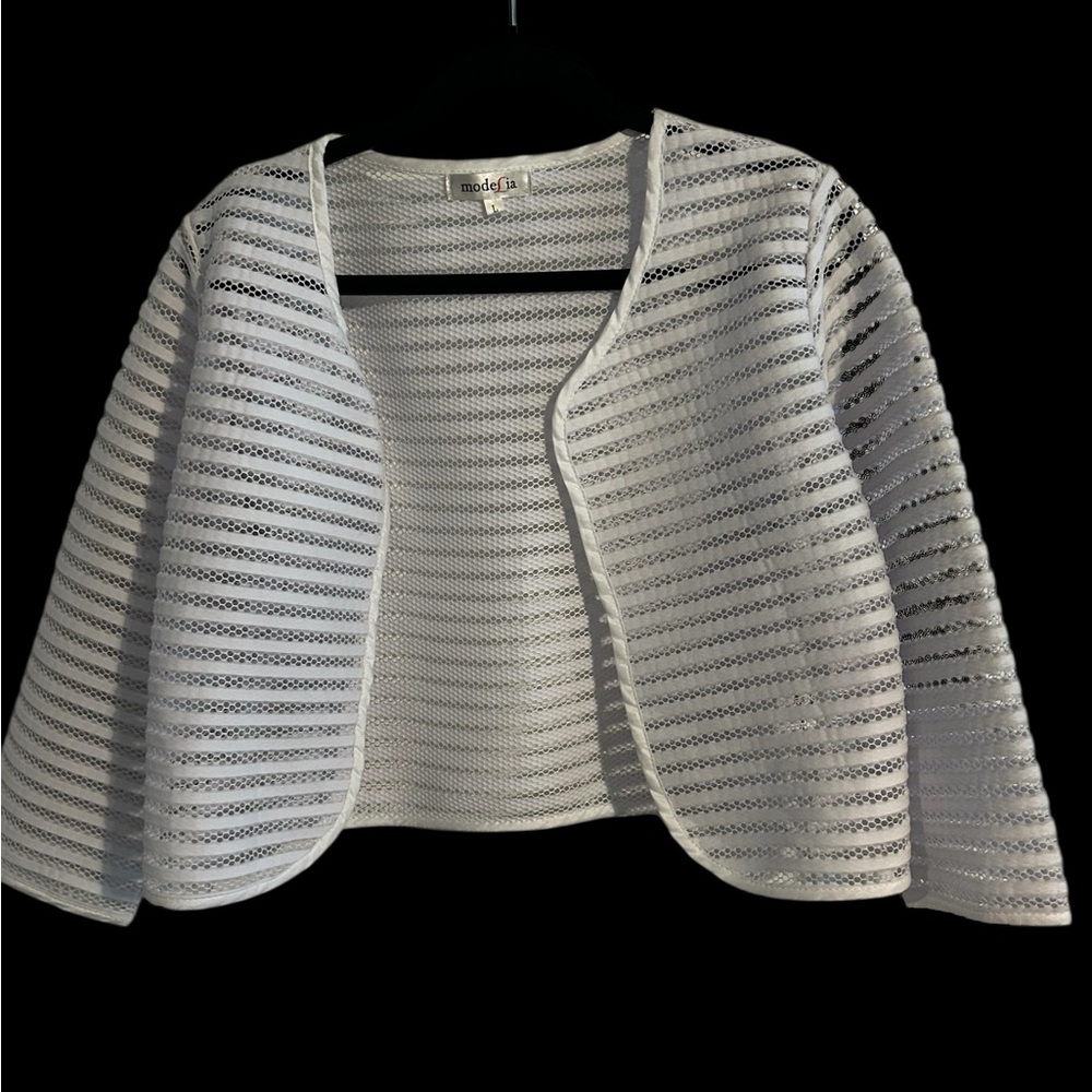 Elegant White Open-Front Quilted Bolero Vest w/ Eyelets. Striped.Large. Preloved